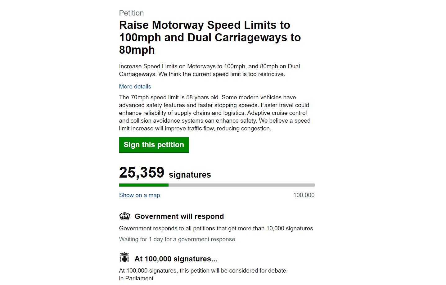 motorway increase to 100mph petition at 25000 signed